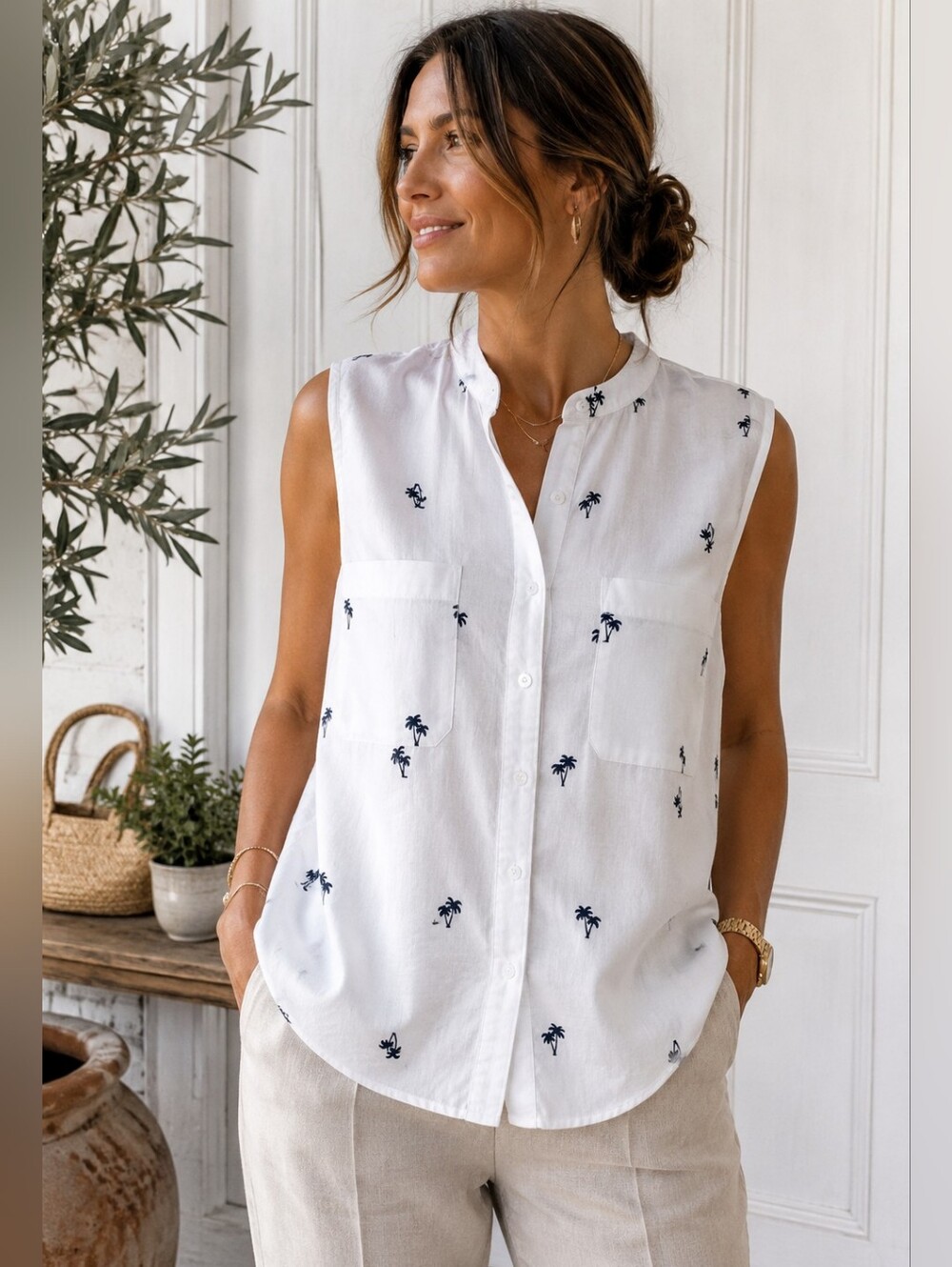 Simons Contemporaine White Lyocell Palm Print Sleeveless Blouse M